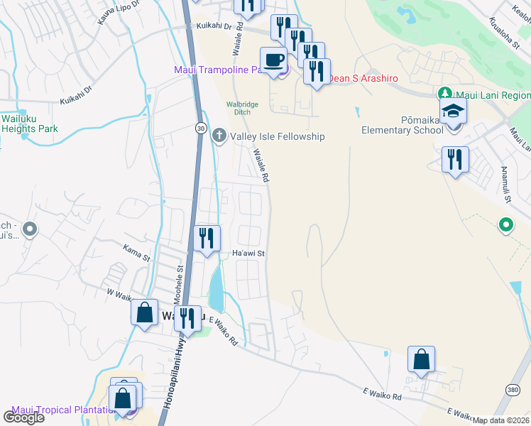 map of restaurants, bars, coffee shops, grocery stores, and more near 131 East Makaukau Loop in Wailuku