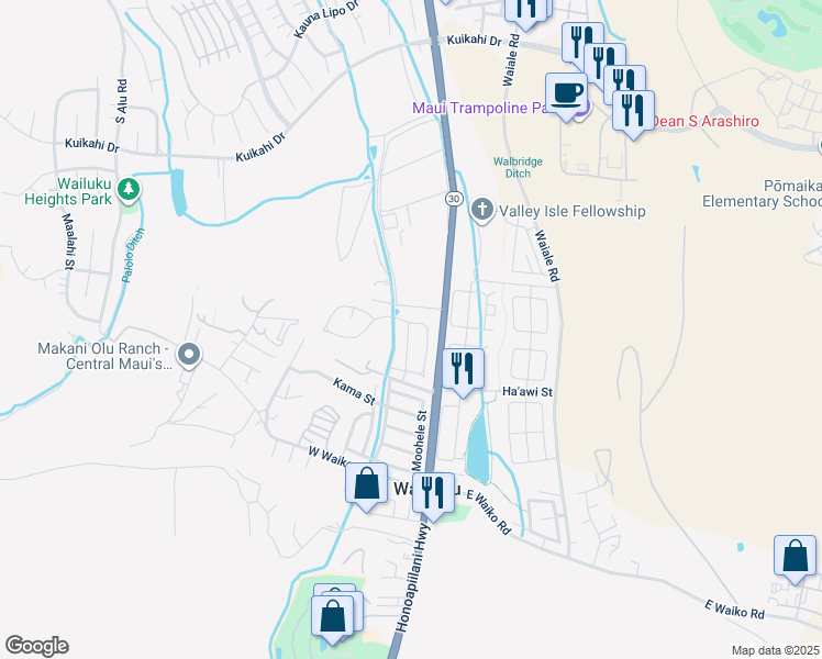 map of restaurants, bars, coffee shops, grocery stores, and more near 42 Mo'olu Street in Wailuku