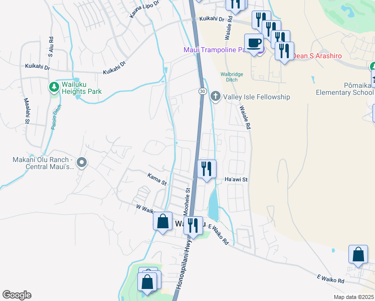 map of restaurants, bars, coffee shops, grocery stores, and more near 53 Koani Loop in Wailuku