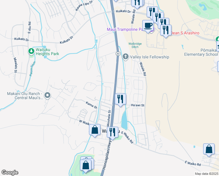 map of restaurants, bars, coffee shops, grocery stores, and more near 53 Koani Loop in Wailuku