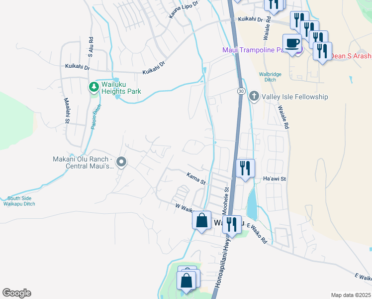 map of restaurants, bars, coffee shops, grocery stores, and more near 98 Mo'olu Circle in Wailuku
