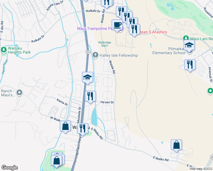 map of restaurants, bars, coffee shops, grocery stores, and more near 36 Kaikai Street in Wailuku