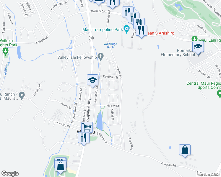 map of restaurants, bars, coffee shops, grocery stores, and more near 20 West Makaukau Loop in Wailuku