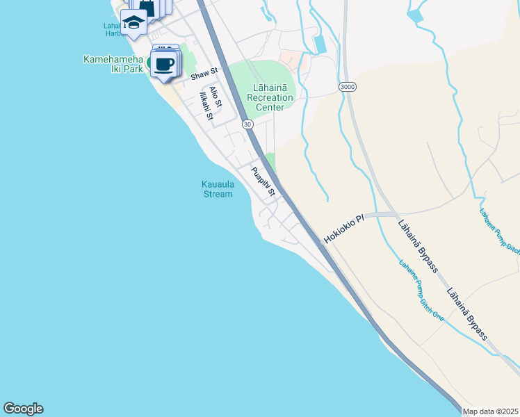 map of restaurants, bars, coffee shops, grocery stores, and more near 30 Pualoke Place in Lahaina
