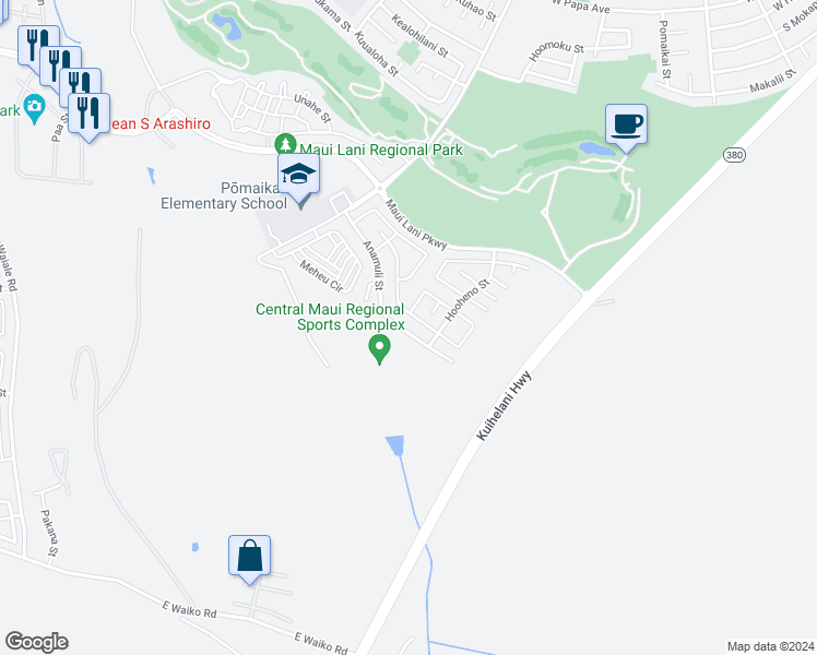 map of restaurants, bars, coffee shops, grocery stores, and more near 189 Anamuli Street in Kahului