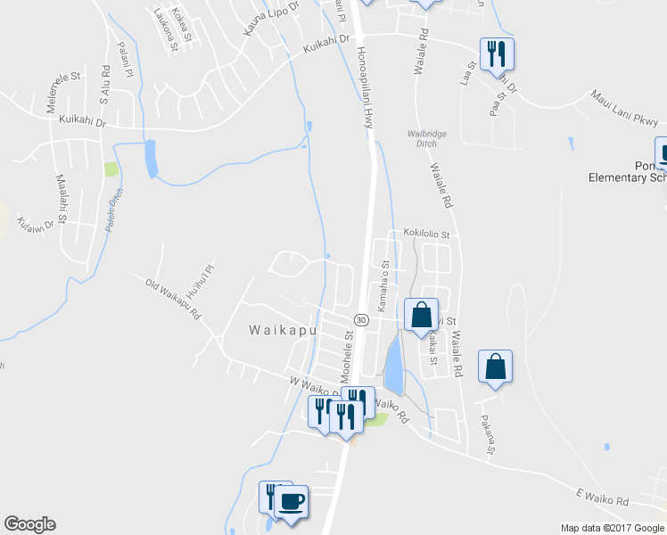 map of restaurants, bars, coffee shops, grocery stores, and more near 55 Mo'olu Street in Wailuku