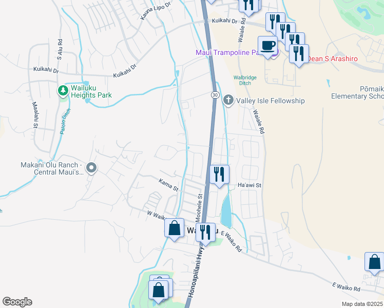 map of restaurants, bars, coffee shops, grocery stores, and more near 55 Mo'olu Street in Wailuku