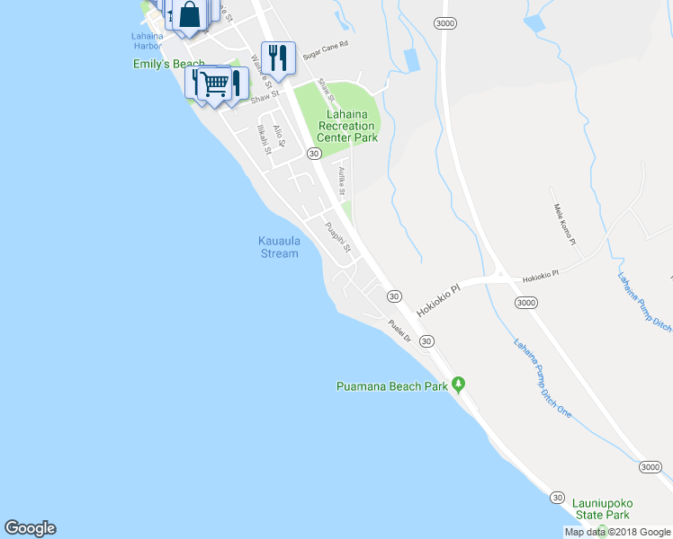 map of restaurants, bars, coffee shops, grocery stores, and more near 30 Pualoke Place in Lahaina
