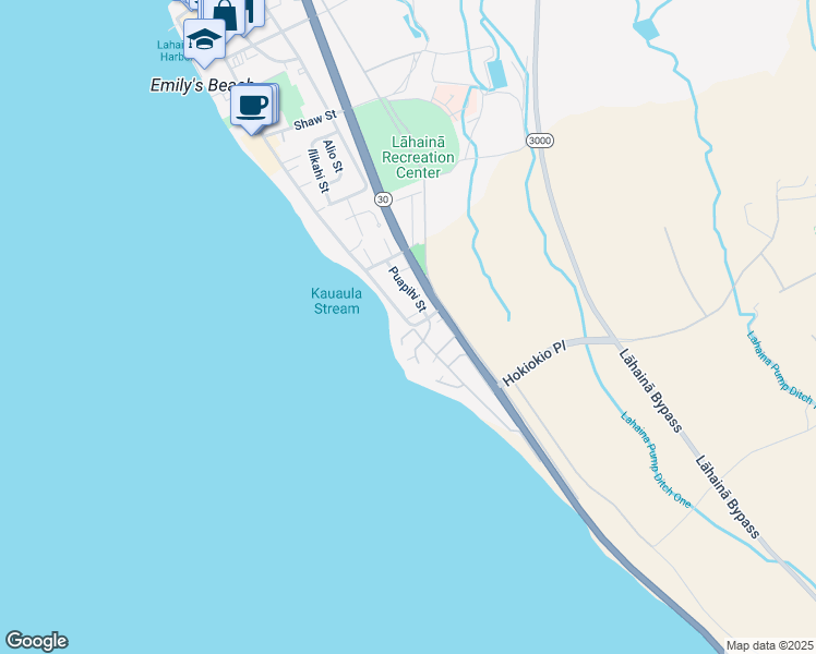 map of restaurants, bars, coffee shops, grocery stores, and more near 30 Pualoke Place in Lahaina