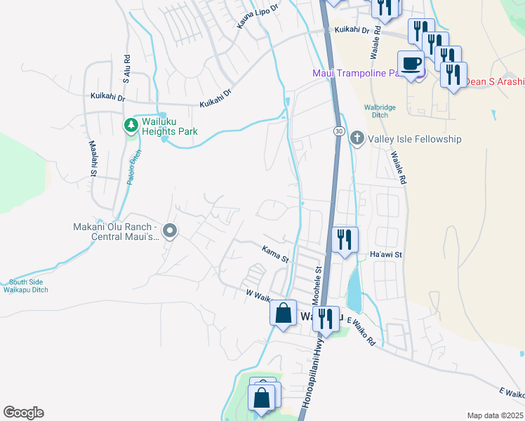 map of restaurants, bars, coffee shops, grocery stores, and more near 102 Mo'olu Circle in Wailuku