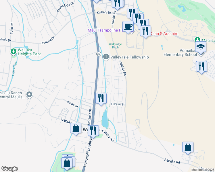 map of restaurants, bars, coffee shops, grocery stores, and more near 149 East Kanamele Loop in Wailuku