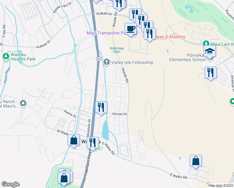 map of restaurants, bars, coffee shops, grocery stores, and more near 24 West Makaukau Loop in Wailuku