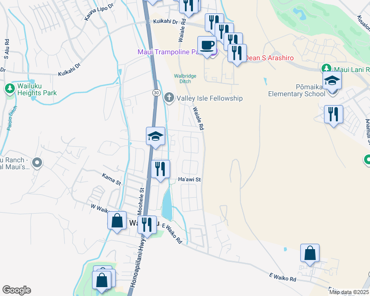 map of restaurants, bars, coffee shops, grocery stores, and more near 24 West Makaukau Loop in Wailuku