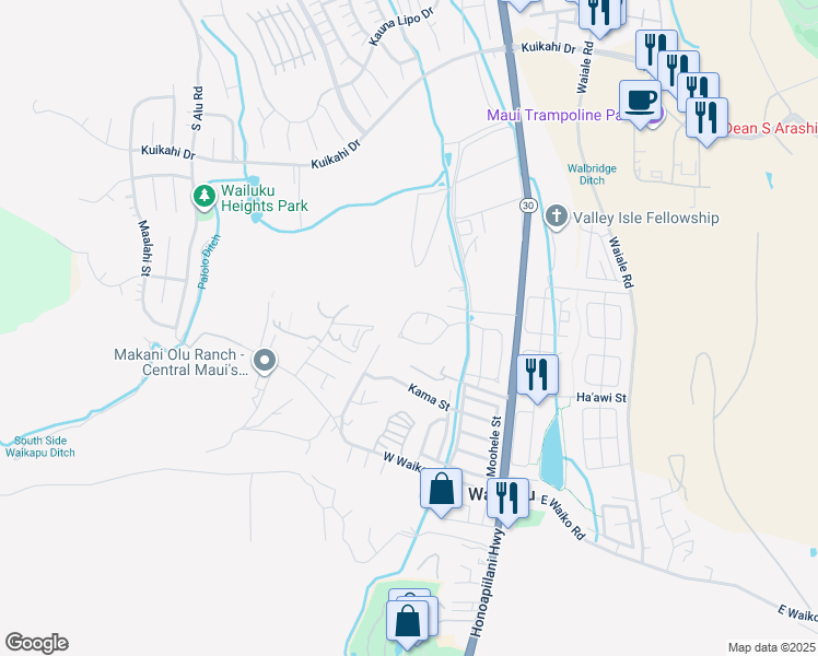map of restaurants, bars, coffee shops, grocery stores, and more near 102 Mo'olu Circle in Wailuku