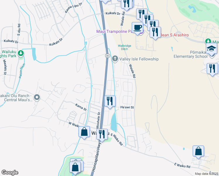 map of restaurants, bars, coffee shops, grocery stores, and more near 951 Ha'awi Loop in Wailuku