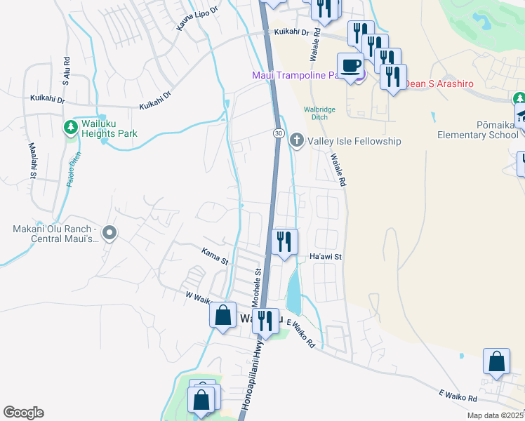 map of restaurants, bars, coffee shops, grocery stores, and more near 80 Koani Loop in Wailuku