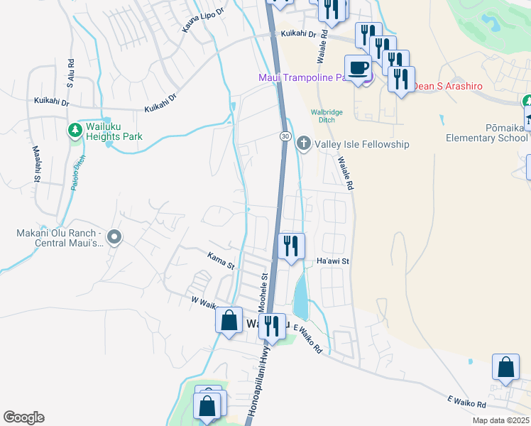 map of restaurants, bars, coffee shops, grocery stores, and more near 84 Koani Loop in Wailuku