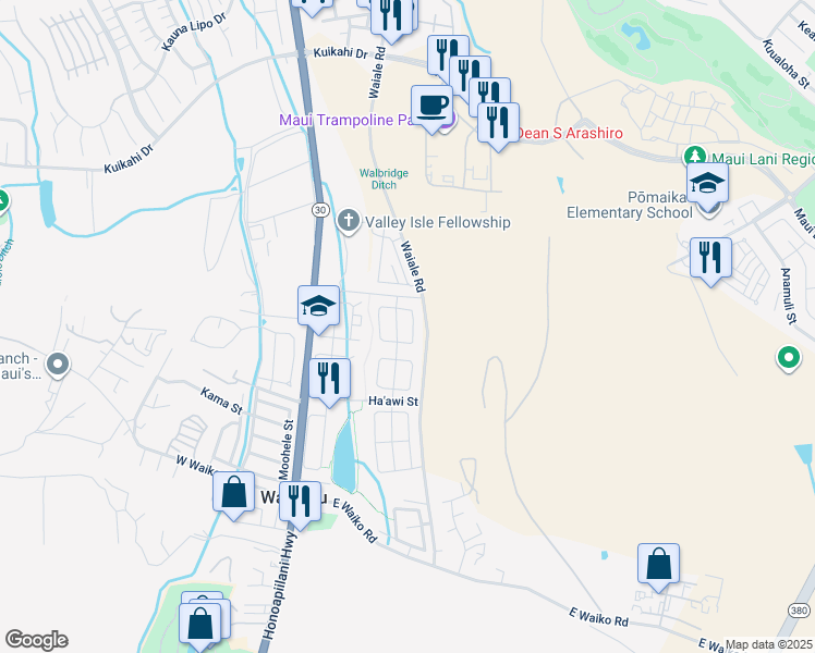 map of restaurants, bars, coffee shops, grocery stores, and more near 118 East Makaukau Loop in Wailuku
