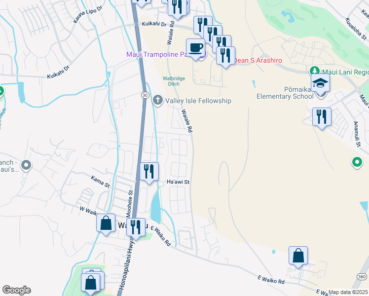map of restaurants, bars, coffee shops, grocery stores, and more near 118 East Makaukau Loop in Wailuku