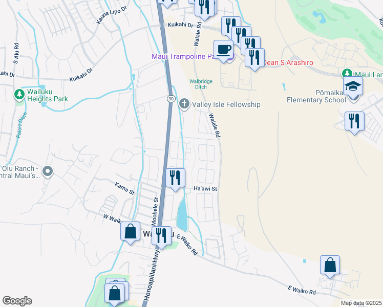 map of restaurants, bars, coffee shops, grocery stores, and more near 137 East Kanamele Loop in Wailuku