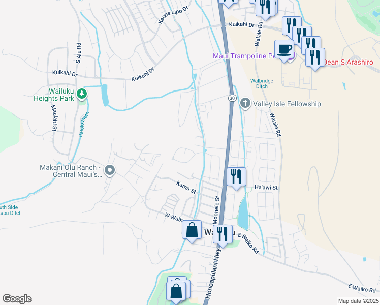 map of restaurants, bars, coffee shops, grocery stores, and more near 122 Mo'olu Circle in Wailuku