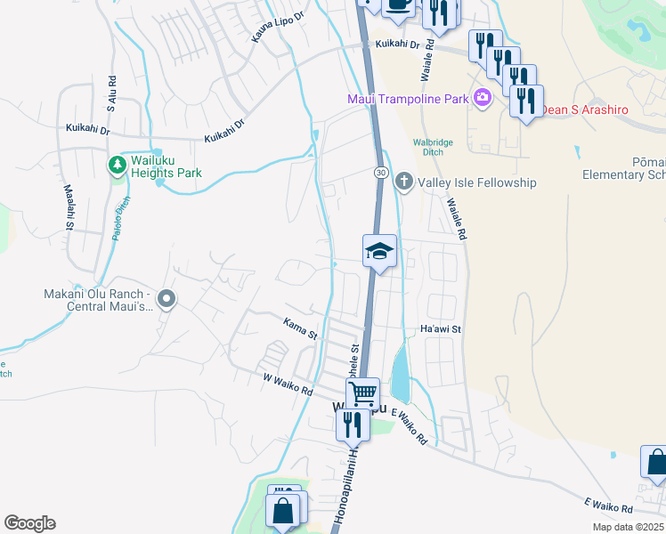 map of restaurants, bars, coffee shops, grocery stores, and more near 68 Mo'olu Street in Wailuku