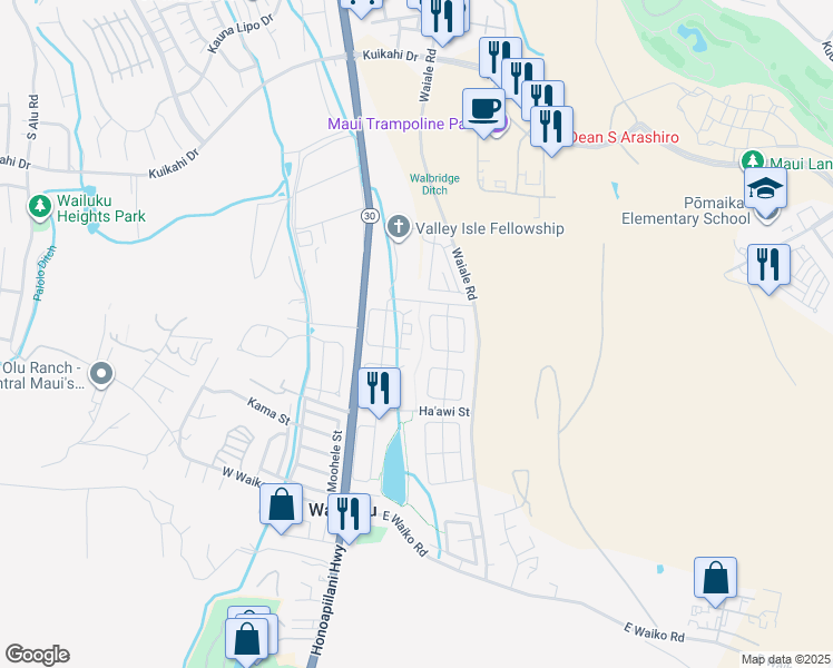 map of restaurants, bars, coffee shops, grocery stores, and more near 137 East Kanamele Loop in Wailuku
