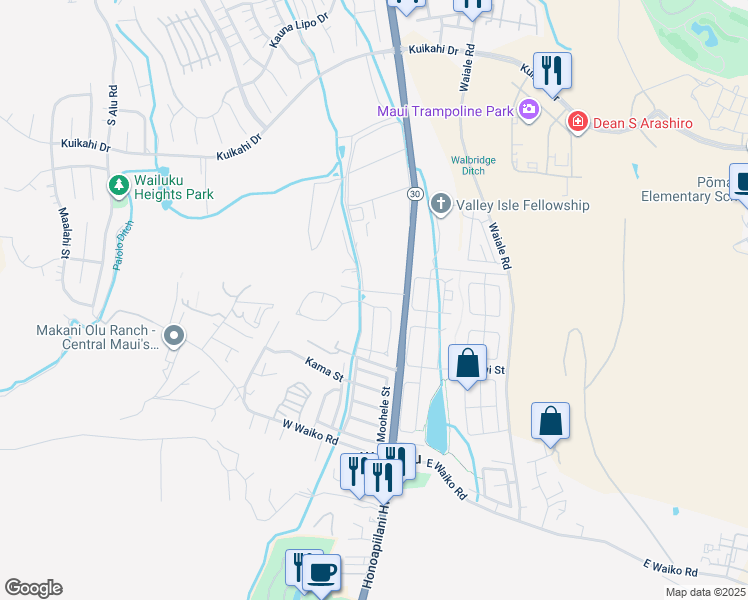 map of restaurants, bars, coffee shops, grocery stores, and more near 46 Mo'olu Street in Wailuku
