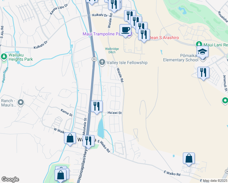 map of restaurants, bars, coffee shops, grocery stores, and more near 24 Kaikai Street in Wailuku
