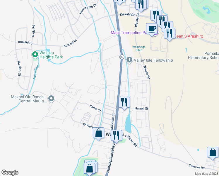map of restaurants, bars, coffee shops, grocery stores, and more near 46 Mo'olu Street in Wailuku
