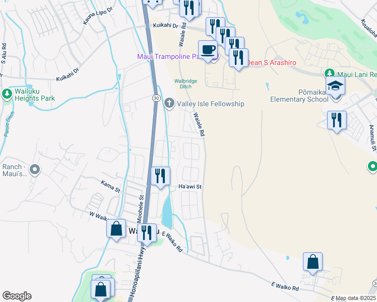 map of restaurants, bars, coffee shops, grocery stores, and more near 24 Kaikai Street in Wailuku