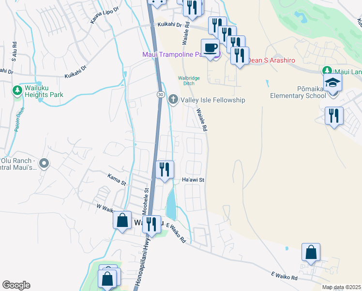map of restaurants, bars, coffee shops, grocery stores, and more near 137 East Kanamele Loop in Wailuku