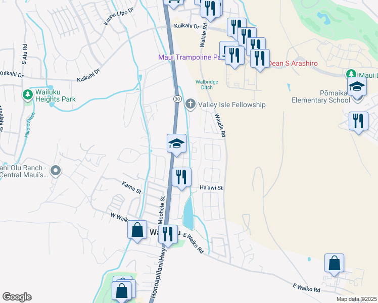 map of restaurants, bars, coffee shops, grocery stores, and more near 136 East Kanamele Loop in Wailuku
