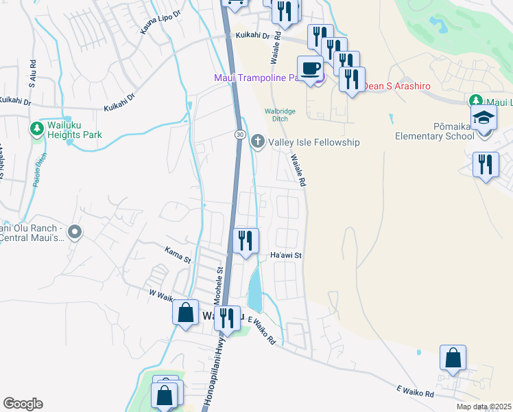 map of restaurants, bars, coffee shops, grocery stores, and more near 136 East Kanamele Loop in Wailuku