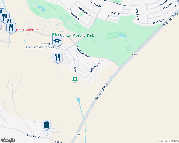 map of restaurants, bars, coffee shops, grocery stores, and more near Molehulehu Street in Kahului