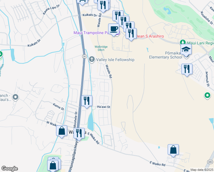 map of restaurants, bars, coffee shops, grocery stores, and more near 114 East Makaukau Loop in Wailuku