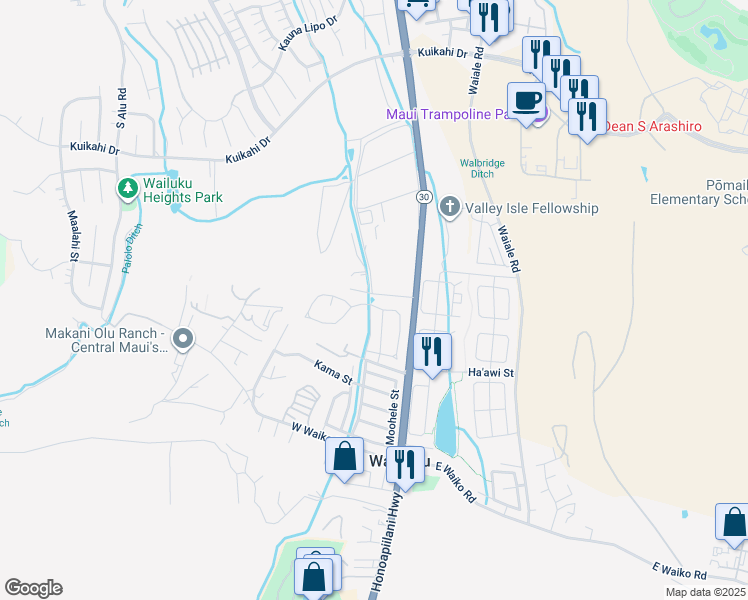 map of restaurants, bars, coffee shops, grocery stores, and more near 54 Mo'olu Street in Wailuku