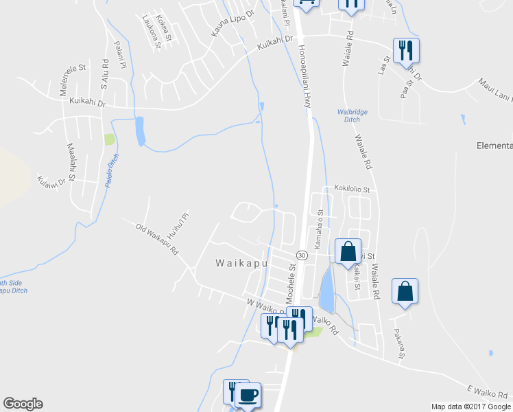 map of restaurants, bars, coffee shops, grocery stores, and more near 167 Mo'olu Circle in Wailuku