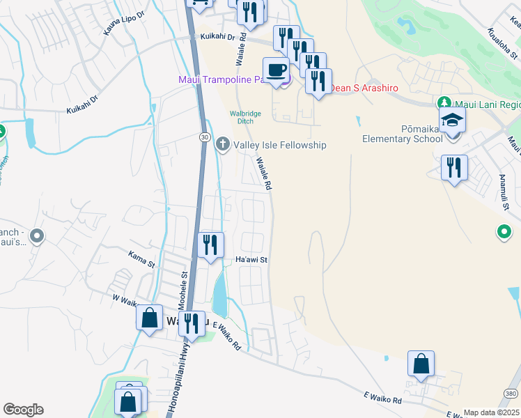 map of restaurants, bars, coffee shops, grocery stores, and more near 114 East Makaukau Loop in Wailuku