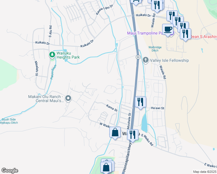 map of restaurants, bars, coffee shops, grocery stores, and more near 110 Mo'olu Circle in Wailuku