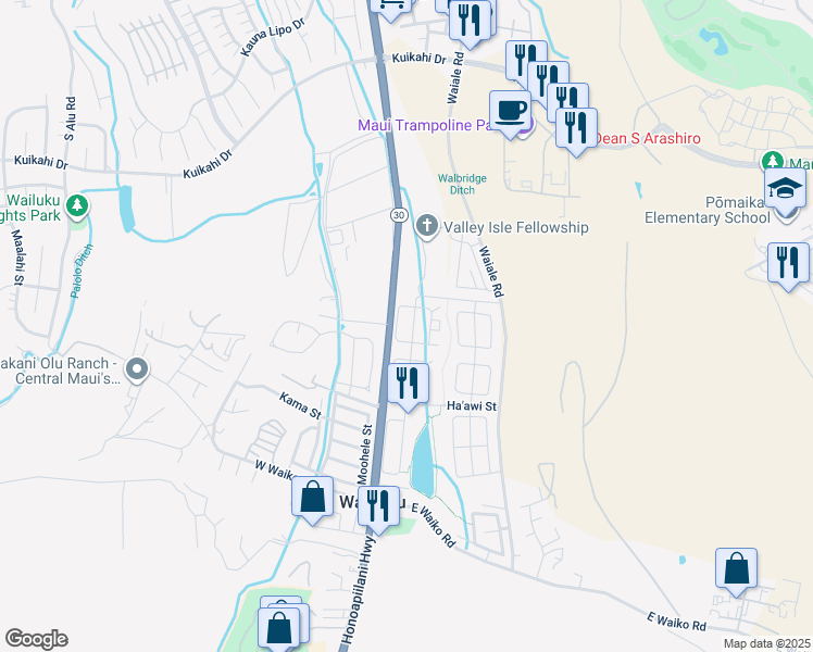 map of restaurants, bars, coffee shops, grocery stores, and more near 62 West Kanamele Loop in Wailuku