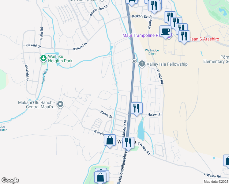 map of restaurants, bars, coffee shops, grocery stores, and more near 62 Mo'olu Street in Wailuku