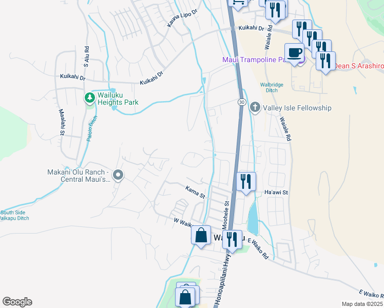 map of restaurants, bars, coffee shops, grocery stores, and more near 114 Mo'olu Circle in Wailuku