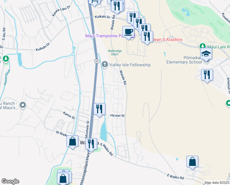 map of restaurants, bars, coffee shops, grocery stores, and more near 36 West Makaukau Loop in Wailuku
