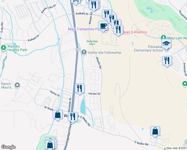 map of restaurants, bars, coffee shops, grocery stores, and more near 20 Kaikai Street in Wailuku