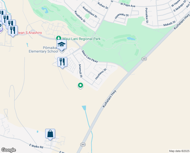 map of restaurants, bars, coffee shops, grocery stores, and more near 58 Molehulehu Loop in Kahului