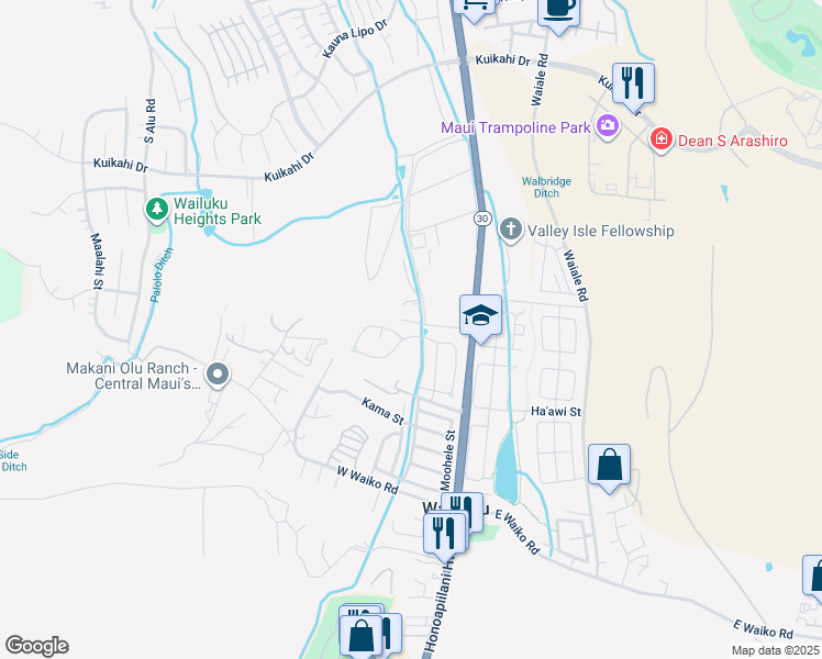map of restaurants, bars, coffee shops, grocery stores, and more near 68 Mo'olu Street in Wailuku