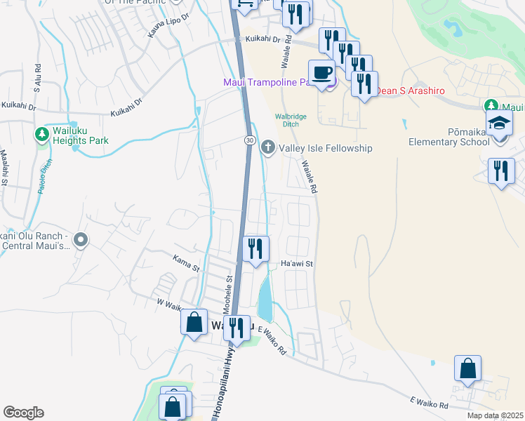 map of restaurants, bars, coffee shops, grocery stores, and more near 25 Kamaha'o Street in Wailuku