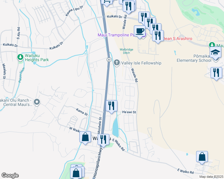map of restaurants, bars, coffee shops, grocery stores, and more near 62 West Kanamele Loop in Wailuku