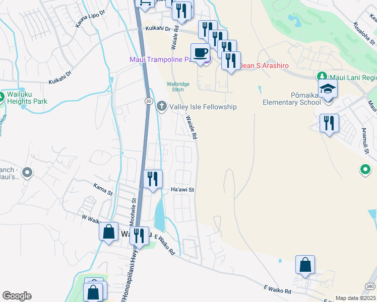 map of restaurants, bars, coffee shops, grocery stores, and more near 110 East Makaukau Loop in Wailuku